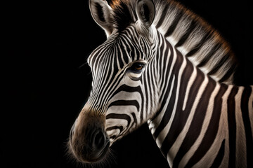 Fototapeta na wymiar Zebra portrait on dark background. AI Generative