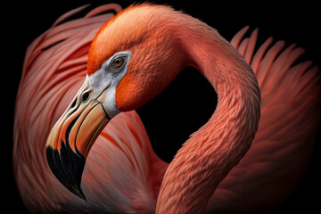 Close portrait pink flamingo on dark, Generative AI