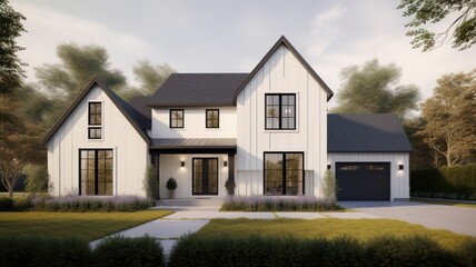 Modern large and spacious two-story wooden house with white walls and a black roof in Nordic style with a manicured lawn, surrounded by bushes and trees. Generative AI