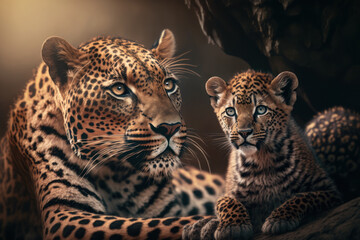Fototapeta na wymiar Leopard with cub in natural habitat. Generative AI