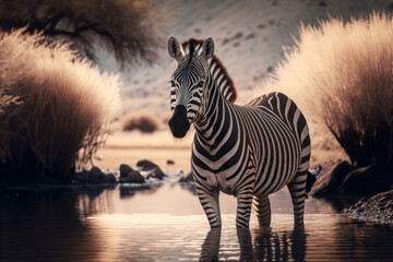 Fototapeta na wymiar Zebra in water, african savannah. Generative AI
