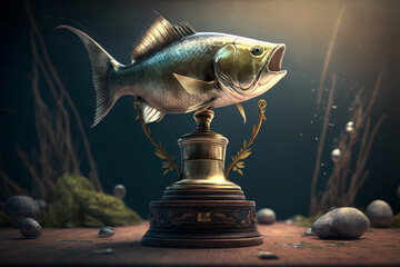 Fishing trophy. Cup with fish on a stand, Generative AI