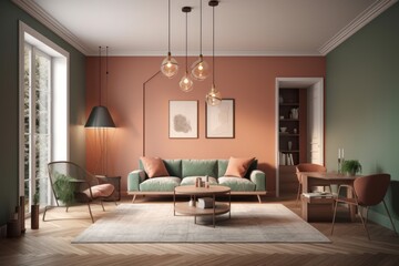 Modern living room with comfortable sofas, pastel colored walls, large windows, large open space. A combination of dusty pink and shades of green. Fashionable color combination. Generative AI