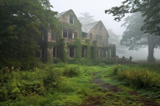 old abandoned house at the country side, foggy weather, generative ai