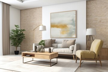 Luxurious apartment background with contemporary design. Modern interior design. Mockup poster frame on the wall of living room. Architectural illustration. Generative AI.