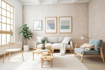 Fototapeta premium Luxurious apartment background with contemporary design. Modern interior design. Mockup poster frame on the wall of living room. Architectural illustration. Generative AI.
