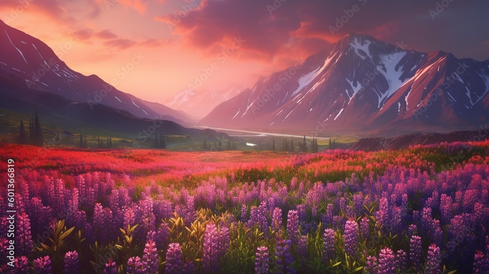 Poster a meadow filled with wildflowers situated in front of a range of mountains generative ai