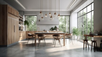 Modern spacious bright kitchen with dining area, table and chairs. Minimalistic design, free space, large panoramic windows with stunning views of the garden. The concept of a modern Generative AI