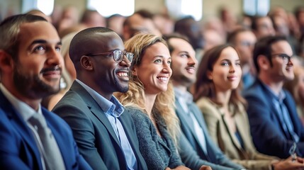 Obraz premium Multi - ethnic audience sitting in an amphitheater and applauding during panel discussion, Generative AI