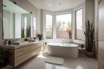Fototapeta na wymiar Exclusive modern bathroom with large bathtub and window, brochure, real estate ad, generative ai