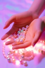 A large jar filled with a vibrant assortment of blue and multi-colored marbles, creating an eye-catching spectacle. Pink background. Generated AI.