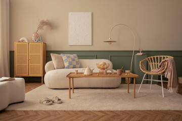Creative composition of living room interior with mock up poster frame, sofa, wooden coffee table,...