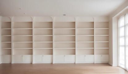 Empty bookshelf on cream painted living room with sunlight from Generative AI
