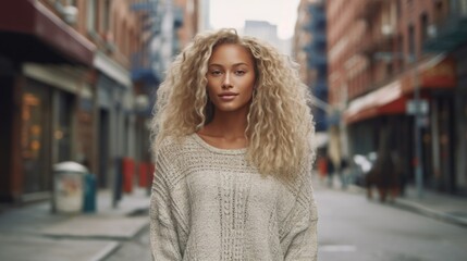 Portrait of young beautiful blonde woman with long hairs - Influencer posing for a fashion advertising campaign. Generative AI