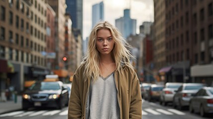 Fototapeta premium Portrait of young beautiful blonde woman with long hairs - Influencer posing for a fashion advertising campaign. Generative AI