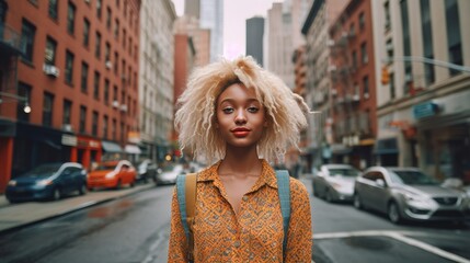 Portrait of young beautiful blonde woman with long hairs - Influencer posing for a fashion advertising campaign. Generative AI