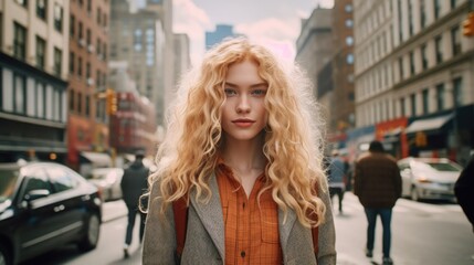 Fototapeta premium Portrait of young beautiful blonde woman with long hairs - Influencer posing for a fashion advertising campaign. Generative AI