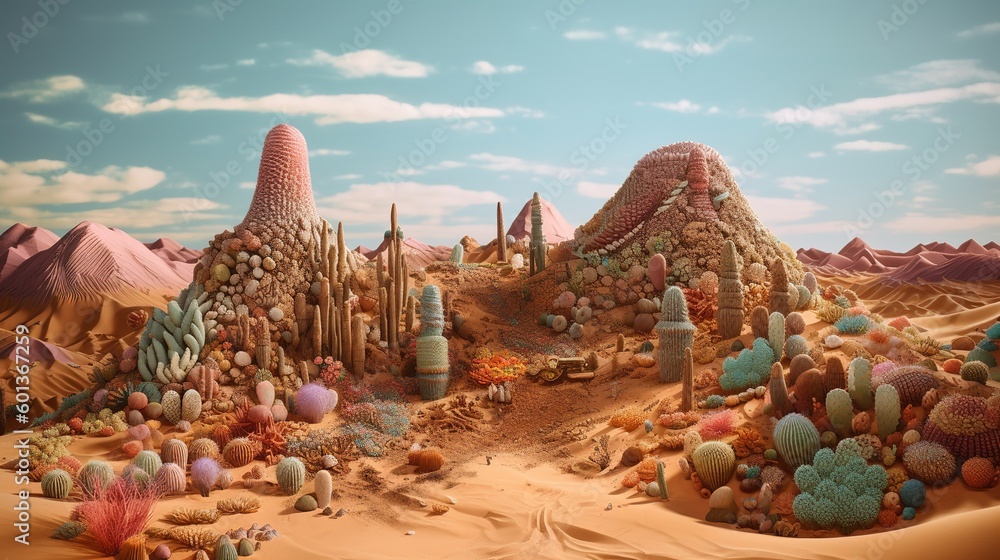 Aufkleber a picture from the desert with several cactus and rocks generative ai