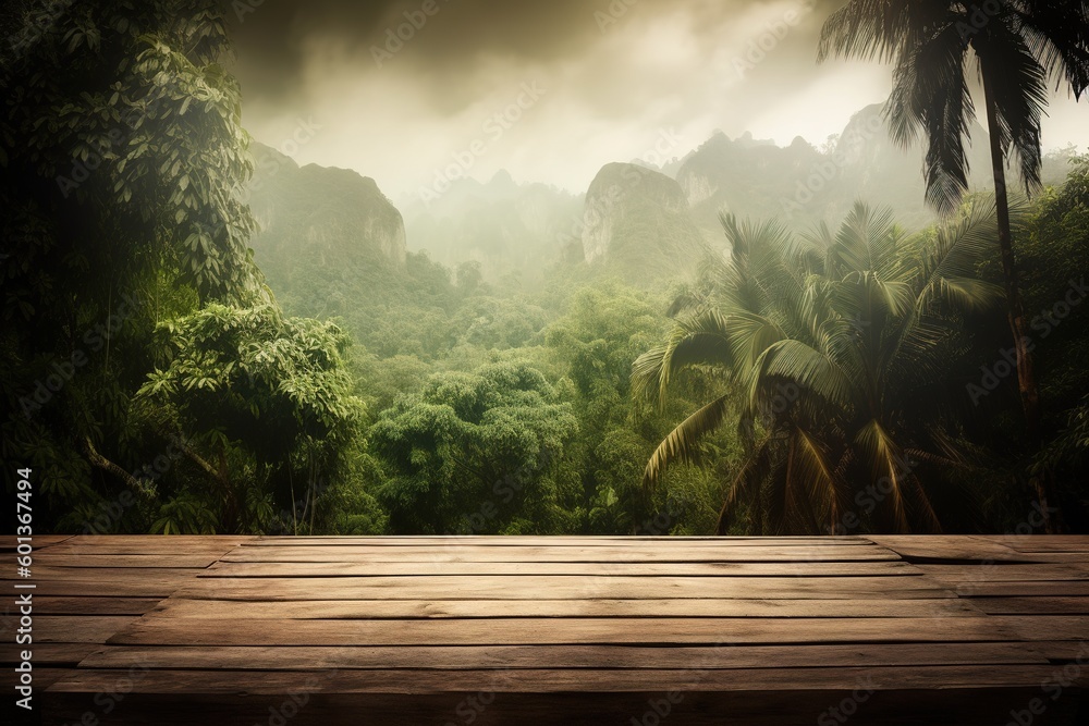 Poster a plank floor in front of a mural depicting a forest setting generative ai