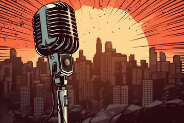 Generative AI cartoon illustration of a retro podcast microphone with advertising space on a cityscape background