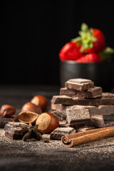 Close-up of pieces of chocolate with cocoa powder cinnamon sticks, strawberries and hazelnuts, selective focus, black background, vertical, with copy space