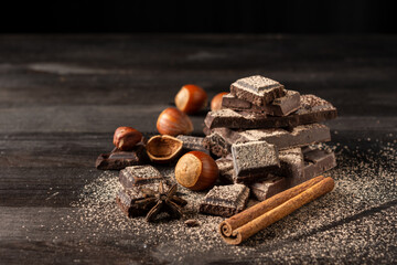 Top view of pieces of chocolate with cocoa powder cinnamon sticks and hazelnuts, selective focus,...