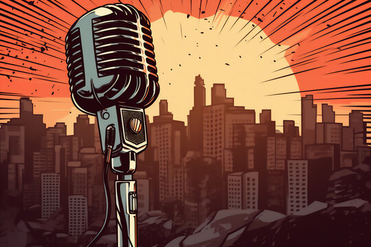 Generative AI cartoon illustration of a retro podcast microphone with advertising space on a cityscape background