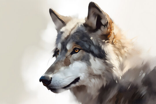 Watercolor colorful art portrait of wolf isolated on white background. Generative AI illustration.