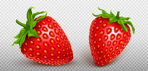 3d fly realistic isolated strawberry fruit icon set on transparent background. Red fresh berry element summer graphic. Seed and stem on whole delicious product clipart. Organic health collection