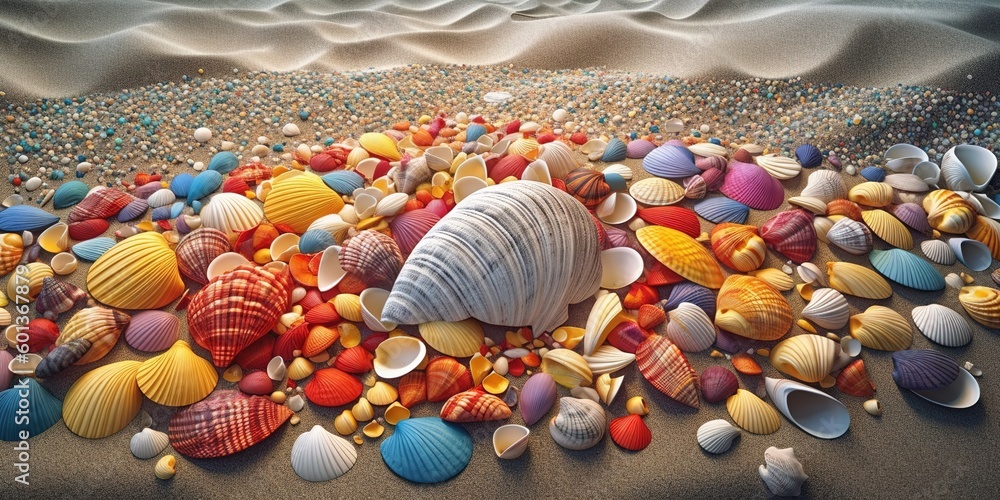 Poster a picture of seashells on a sandy beach as an example generative ai