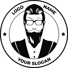 Barbershop logo vector. Simple and minimalist logo with an illustration of a man with a beard and glasses. Vector illustration design. Elegant logo. Isolated on white