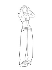 A woman posing is hand drawn in one line and line art style. Anime style body expression. Printable art.