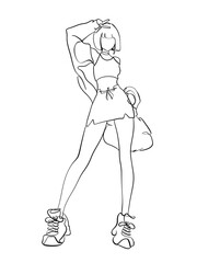 A woman posing is hand drawn in one line and line art style. Anime style body expression. Printable art.
