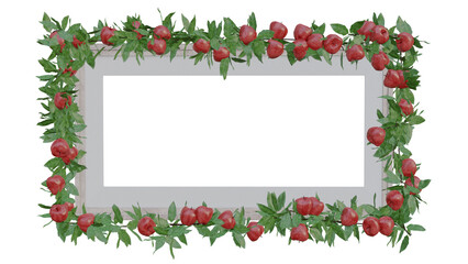 wooden frame with inner white paper frame and apple tree border as transparent png file.