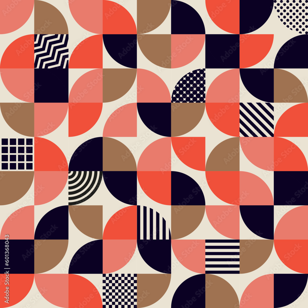 Poster Modern geometric pattern. Bauhaus or scandinavian grid background. Abstract vector geometry minimalistic simple round segments and square shapes in red, pink, black, brown and white palette colors