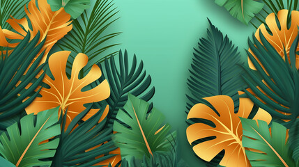 Fototapeta na wymiar Banner with exotic jungle tropical palm leaves. Summer floral design, paper cut style. Copy space. illustration. Generative AI