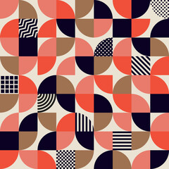 Modern geometric pattern. Bauhaus or scandinavian grid background. Abstract vector geometry minimalistic simple round segments and square shapes in red, pink, black, brown and white palette colors