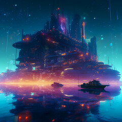 Fantastic city in the style of cyberpunk. Night city of the future. Concept art fantasy. AI generated. Generative AI