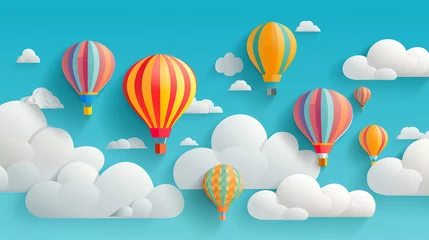 Papier Peint photo Lavable Montgolfière Beautiful fluffy clouds on blue sky background with colorful hot air balloons. illustration. Paper cut style. Place for text. Travel and adventure concept