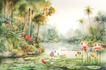 Watercolour illustration of a rain forest with lake and beautiful flowers, leaves and trees. Generative AI.