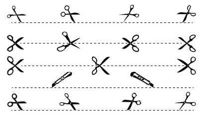 Cut lines. Cutting lines of scissors, cutter, utility knife. Coupon trim dotted border sign, paper open section vector mark or ticket cut here dash line symbol, tailor detach border with scissors