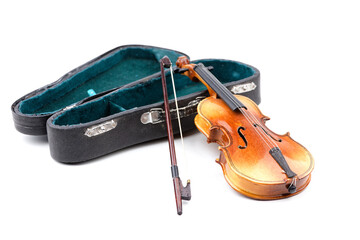 small model of an old used violin with bag isolated on white