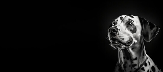 Black and white photorealistic studio portrait of a Dalmatian dog on black background. Generative AI illustration