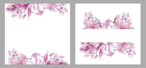 Set of Watercolor magnolias template. Florals Arrangement, design for wedding invitations and greeting cards.