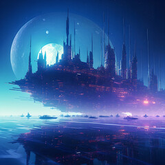 Fantastic city in the style of cyberpunk. Night city of the future. Concept art fantasy. AI generated. Generative AI