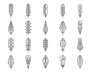 Feather line icons, plume light feathers or lightweight smooth quills, vector symbols. Bird feather outline icons in thin line art, bird quill with geometric ornament pattern or ethnic Boho decoration © Vector Tradition