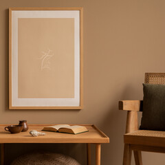 Warm and cozy composition of living room interior with mock up poster frame,  simple wooden table, rattan armchair, partition wall, plants, book and personal accessories. Home decor. Template.