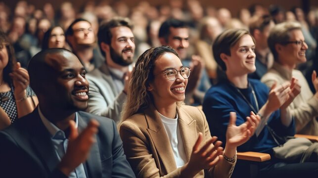 Multi - Ethnic Audience Sitting In An Amphitheater And Applauding During Panel Discussion, Generative AI