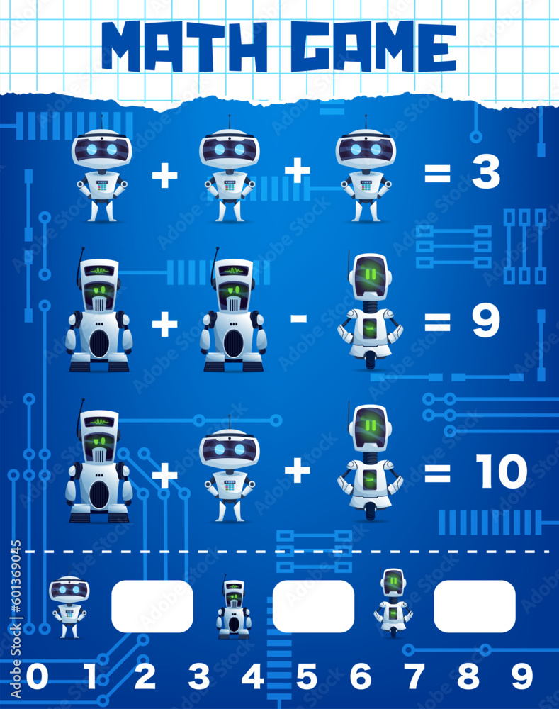 Poster Math game worksheet. Cartoon robot characters. Child education playing activity, kids math vector puzzle or children mathematical game with alien robots, artificial intelligence droids personages