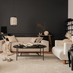 Creative composition of living room interior with modular beige sofa, black coffee table, armchair,...